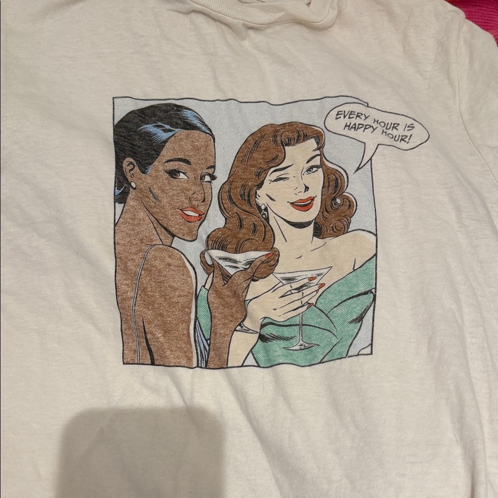 Re/Done Cream Graphic Tee with Retro Cocktail Art